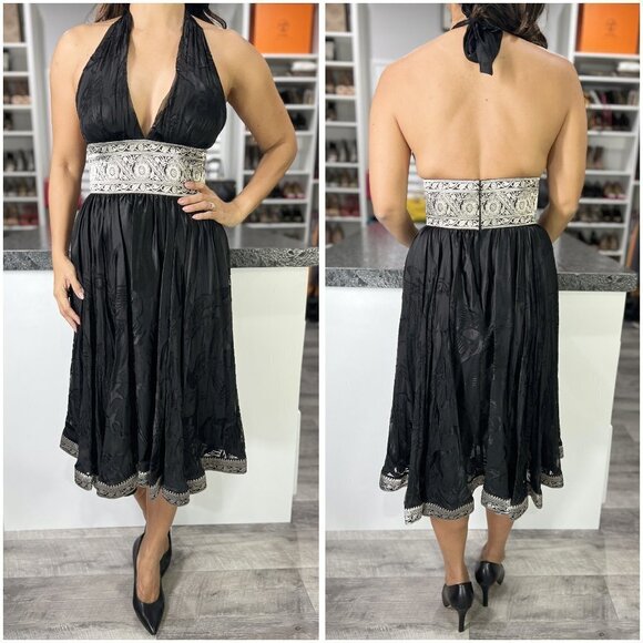 Marchesa Notte Black Silver Burnout Silk Midi Halter Dress $695 - Picture 1 of 11